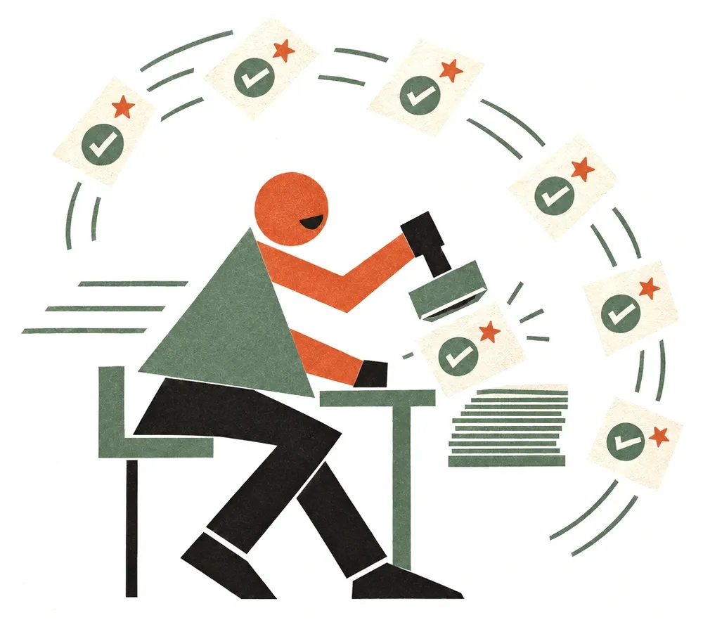 A worker at a desk stamping approvals as ticked, starred cards fly past