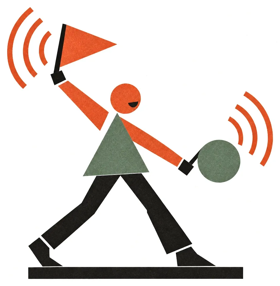 A worker marching with a flag in one hand and a ringing bell in the other