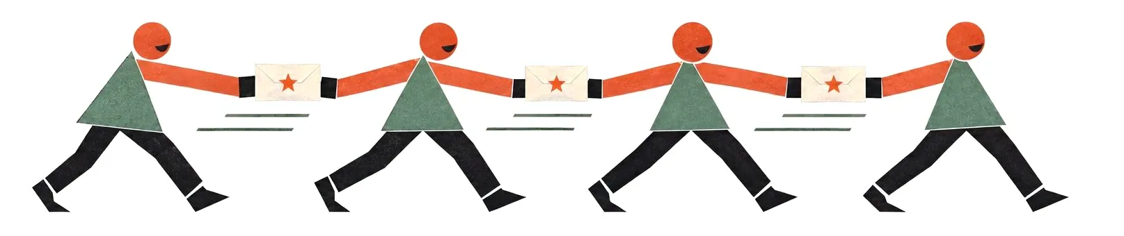 Four workers in a line passing starred envelopes from hand to hand